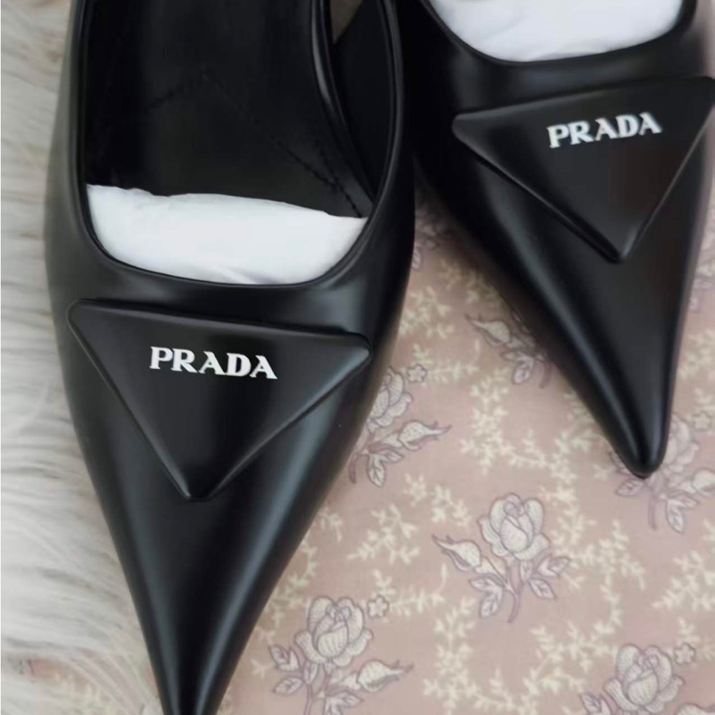 Pre-Owned Prada Black Triangle Logo Slingback Heels With Original Packaging